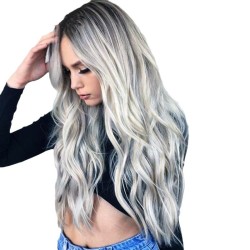 Black and gray highlights, European and American medium part, long curly hair wigs, gradient head covers, female chemical fiber wigs