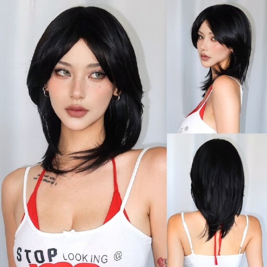 New Black-Pink Bangs Long Straight Hair Gradient Synthetic Fiber Natural Wig for Women Full Headpiece