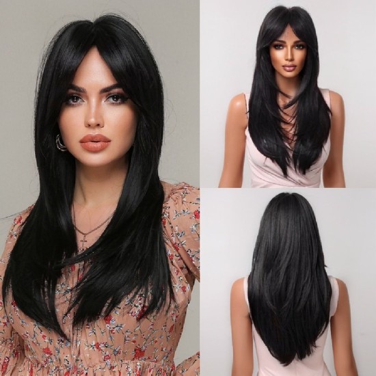 New Black-Pink Bangs Long Straight Hair Gradient Synthetic Fiber Natural Wig for Women Full Headpiece