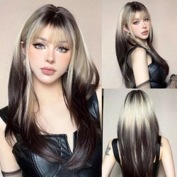 New Black-Pink Bangs Long Straight Hair Gradient Synthetic Fiber Natural Wig for Women Full Headpiece