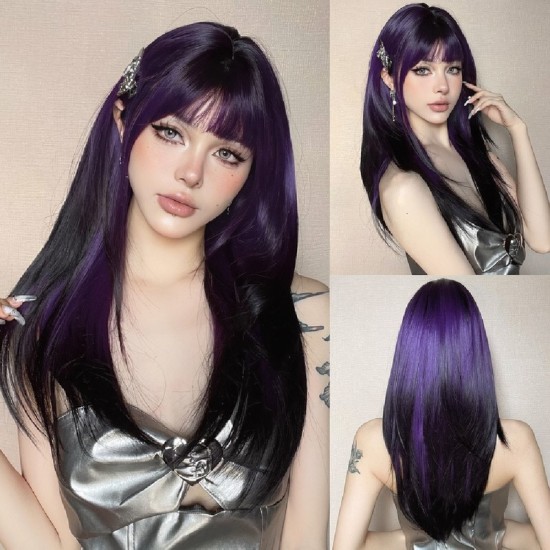 New Black-Pink Bangs Long Straight Hair Gradient Synthetic Fiber Natural Wig for Women Full Headpiece
