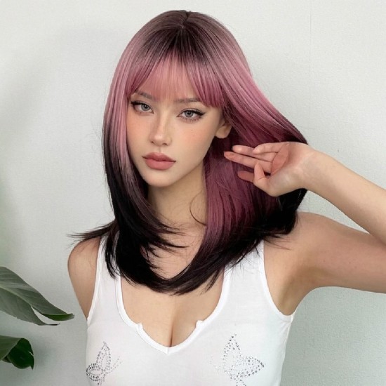 New Black-Pink Bangs Long Straight Hair Gradient Synthetic Fiber Natural Wig for Women Full Headpiece
