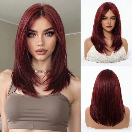New Black-Pink Bangs Long Straight Hair Gradient Synthetic Fiber Natural Wig for Women Full Headpiece