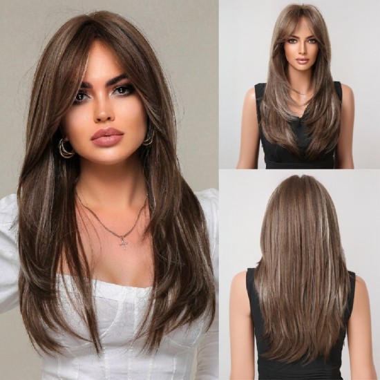 New Black-Pink Bangs Long Straight Hair Gradient Synthetic Fiber Natural Wig for Women Full Headpiece