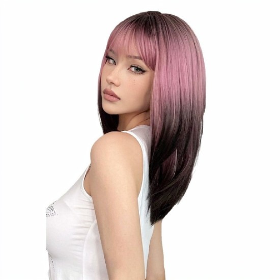 New Black-Pink Bangs Long Straight Hair Gradient Synthetic Fiber Natural Wig for Women Full Headpiece