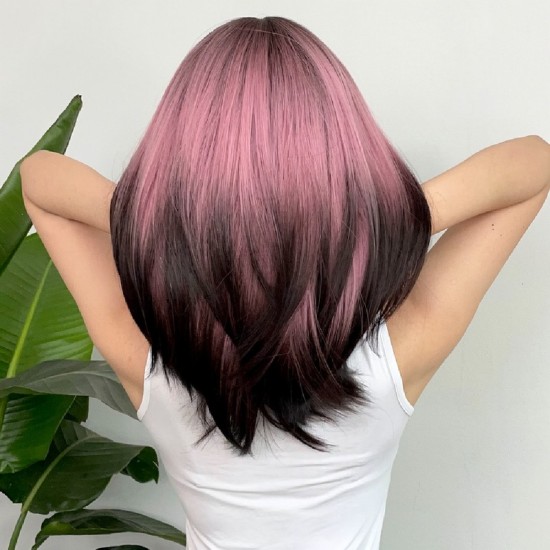 New Black-Pink Bangs Long Straight Hair Gradient Synthetic Fiber Natural Wig for Women Full Headpiece