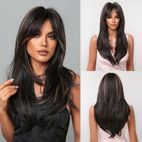 New Black-Pink Bangs Long Straight Hair Gradient Synthetic Fiber Natural Wig for Women Full Headpiece