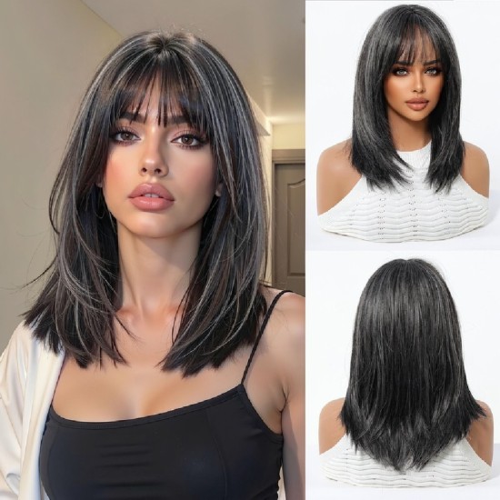 New Black-Pink Bangs Long Straight Hair Gradient Synthetic Fiber Natural Wig for Women Full Headpiece