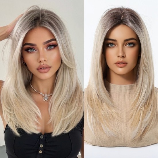 New Black-Pink Bangs Long Straight Hair Gradient Synthetic Fiber Natural Wig for Women Full Headpiece
