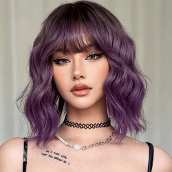 Women's Short Curly Wig with Full Hand-Tied Mesh Base and Breathable Design | Grape Purple Gradient with Natural Realistic Look for Daily Wear