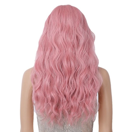 Women's Long Wavy Hair with Bangs | Pink Fluffy Party Wig Cap