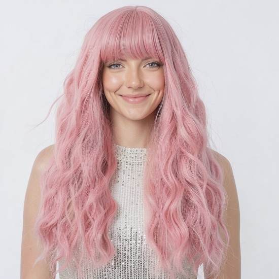Women's Long Wavy Hair with Bangs | Pink Fluffy Party Wig Cap