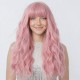 Women's Long Wavy Hair with Bangs | Pink Fluffy Party Wig Cap