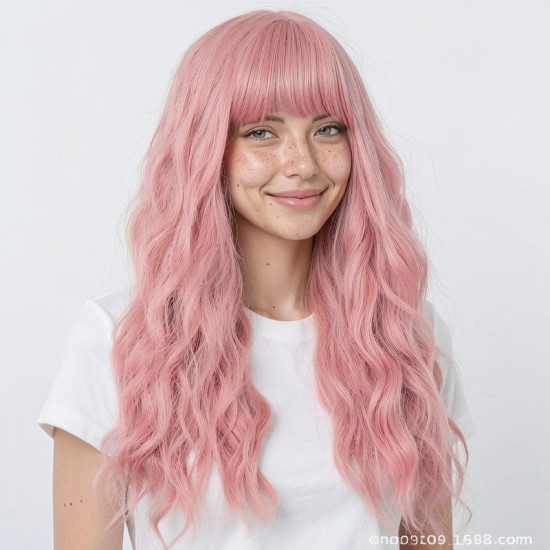 Women's Long Wavy Hair with Bangs | Pink Fluffy Party Wig Cap