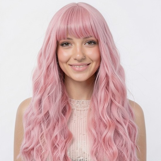 Women's Long Wavy Hair with Bangs | Pink Fluffy Party Wig Cap