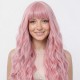 Women's Long Wavy Hair with Bangs | Pink Fluffy Party Wig Cap