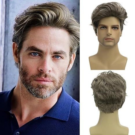 New Men's Fashion Side Parting Side-Swept Bangs Short Straight Hair Gray Gold Wig