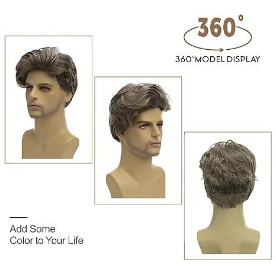 New Men's Fashion Side Parting Side-Swept Bangs Short Straight Hair Gray Gold Wig