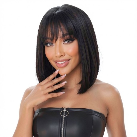 Women's Highlighted Straight Bangs Short Hair | Inward Tucked Bob | Synthetic Full Wig