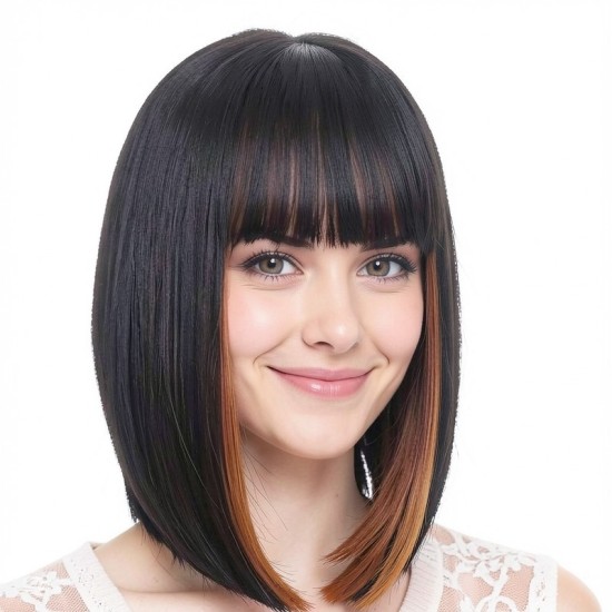 Women's Highlighted Straight Bangs Short Hair | Inward Tucked Bob | Synthetic Full Wig