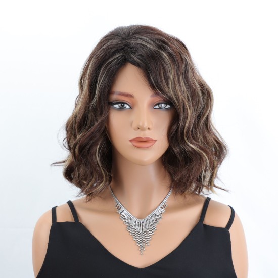 Women's Short Wavy Synthetic Wig with Highlighted Gradual Blonde Roots, Natural Side Part, Breathable Cap