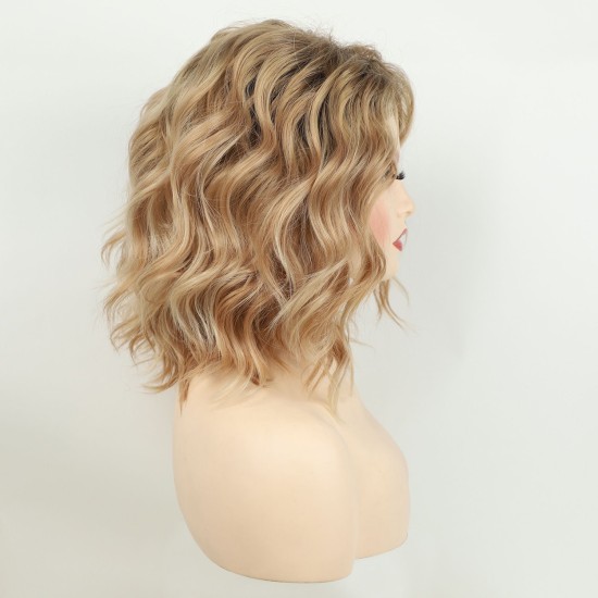 Women's Short Wavy Synthetic Wig with Highlighted Gradual Blonde Roots, Natural Side Part, Breathable Cap