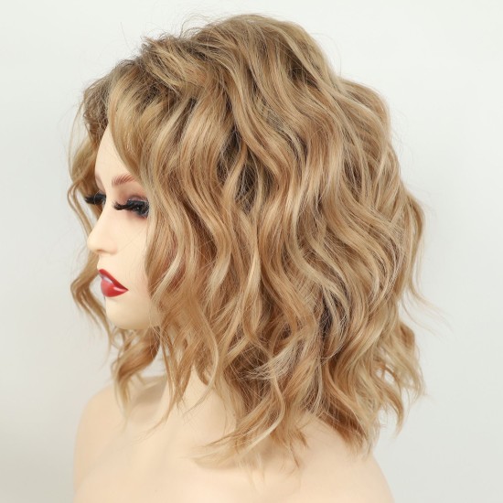 Women's Short Wavy Synthetic Wig with Highlighted Gradual Blonde Roots, Natural Side Part, Breathable Cap