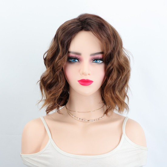 Women's Short Wavy Synthetic Wig with Highlighted Gradual Blonde Roots, Natural Side Part, Breathable Cap