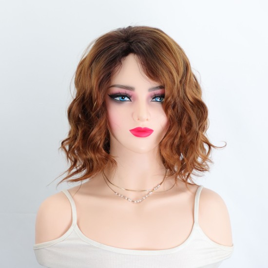 Women's Short Wavy Synthetic Wig with Highlighted Gradual Blonde Roots, Natural Side Part, Breathable Cap