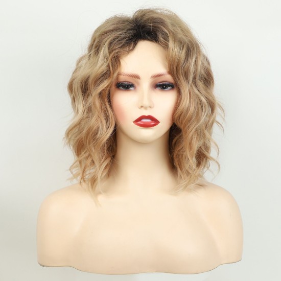 Women's Short Wavy Synthetic Wig with Highlighted Gradual Blonde Roots, Natural Side Part, Breathable Cap