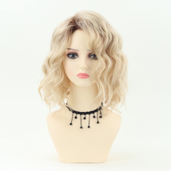 Women's Short Wavy Synthetic Wig with Highlighted Gradual Blonde Roots, Natural Side Part, Breathable Cap
