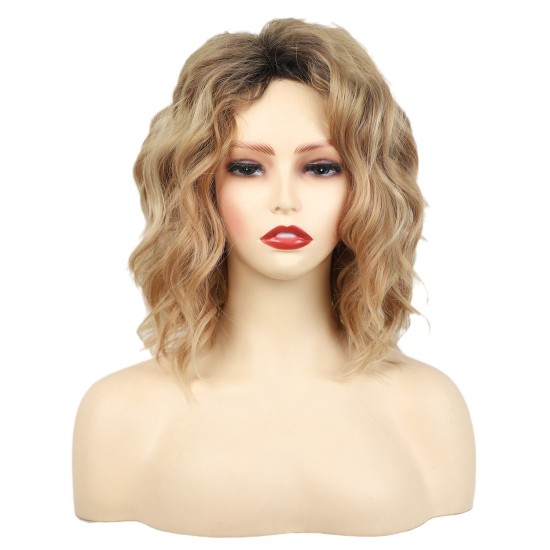 Women's Short Wavy Synthetic Wig with Highlighted Gradual Blonde Roots, Natural Side Part, Breathable Cap
