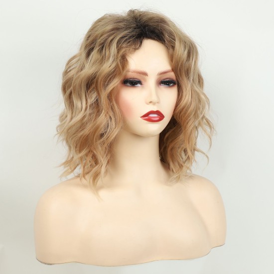 Women's Short Wavy Synthetic Wig with Highlighted Gradual Blonde Roots, Natural Side Part, Breathable Cap