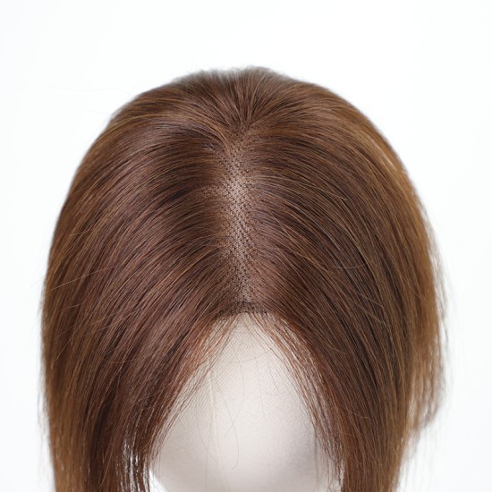 Golden Brown C-Side Bangs Human Hair Ventilated Toupee for Women | Hand-Knitted Gray Coverage Wig Patch