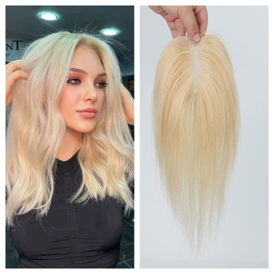 Real Human Hair 8S Bangs Blonde Wiglet Patch for Women - Natural, Breathable, Hand-Knitted to Cover Gray Hair