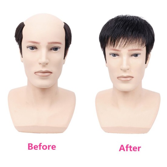 Men's Short Lace Frontal System for Hair Loss, Hairline Reconstruction, Grey Coverage, and Bald Spot Fix with Real Human Hair