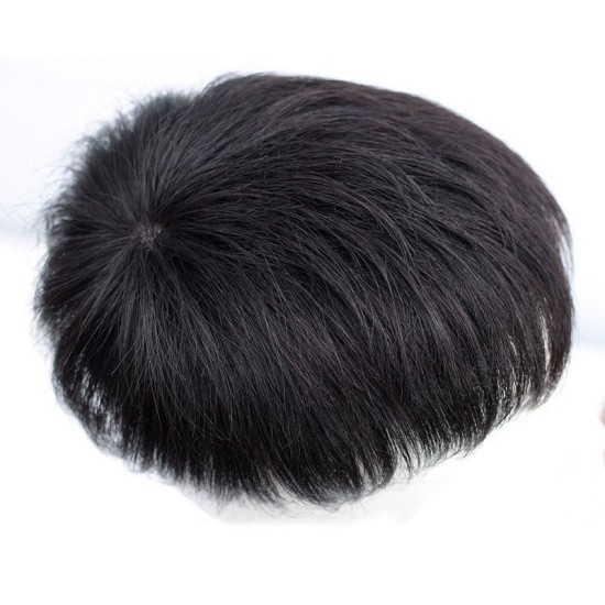 Men's Short Lace Frontal System for Hair Loss, Hairline Reconstruction, Grey Coverage, and Bald Spot Fix with Real Human Hair