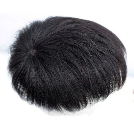 Men's Short Lace Frontal System for Hair Loss, Hairline Reconstruction, Grey Coverage, and Bald Spot Fix with Real Human Hair