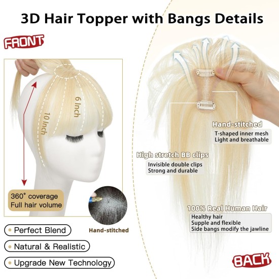 3D Hand-knotted Full Lace Human Hair Bangs, 10 Inch T-Part Drifting Blonde Hairpiece for Women