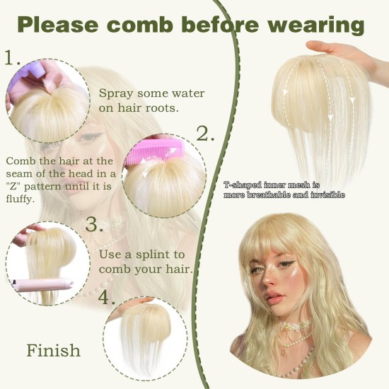 3D Hand-knotted Full Lace Human Hair Bangs, 10 Inch T-Part Drifting Blonde Hairpiece for Women