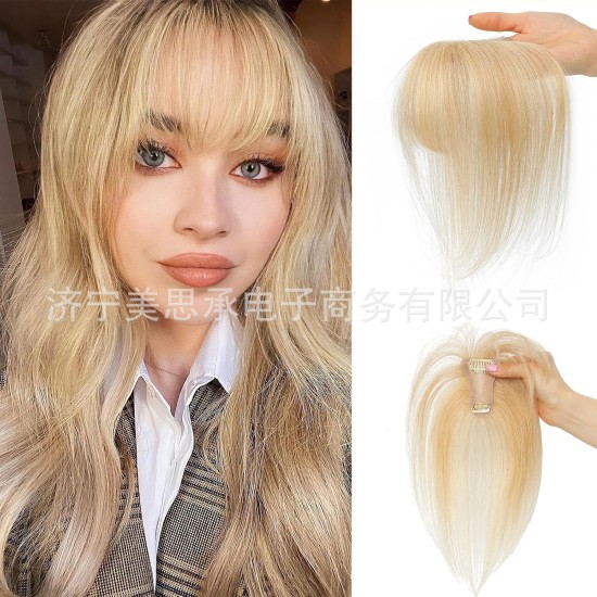 3D Hand-knotted Full Lace Human Hair Bangs, 10 Inch T-Part Drifting Blonde Hairpiece for Women