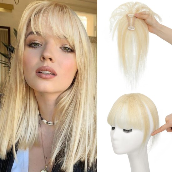 3D Hand-knotted Full Lace Human Hair Bangs, 10 Inch T-Part Drifting Blonde Hairpiece for Women