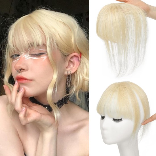 3D Hand-knotted Full Lace Human Hair Bangs, 10 Inch T-Part Drifting Blonde Hairpiece for Women