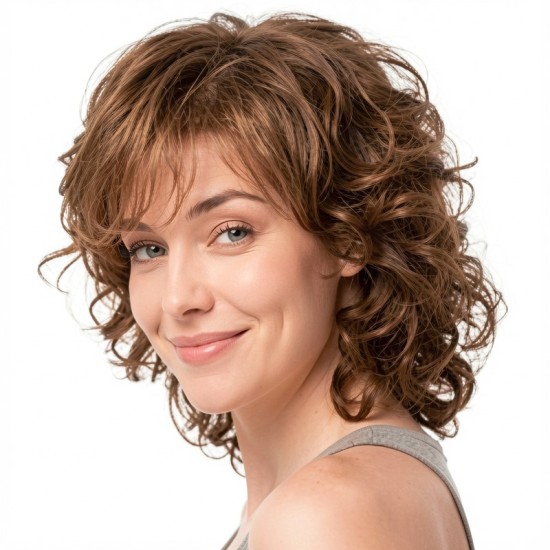 Womens Short Curly Bob with Side Bangs Full Headpiece Natural Hair