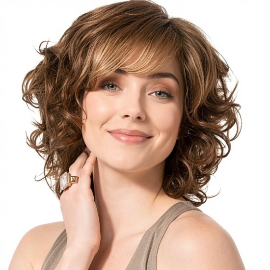 Womens Short Curly Bob with Side Bangs Full Headpiece Natural Hair