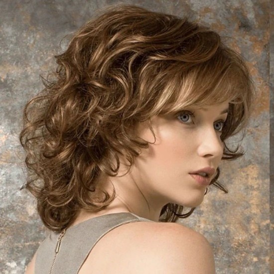 Women's Synthetic Wig with Side Bangs, Short Wavy Full Headpiece, Natural Style