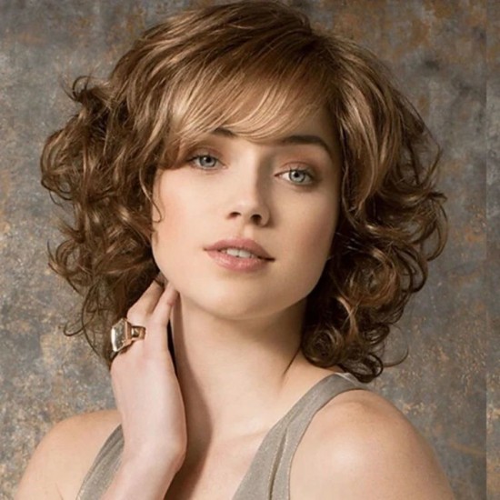 Women's Synthetic Wig with Side Bangs, Short Wavy Full Headpiece, Natural Style