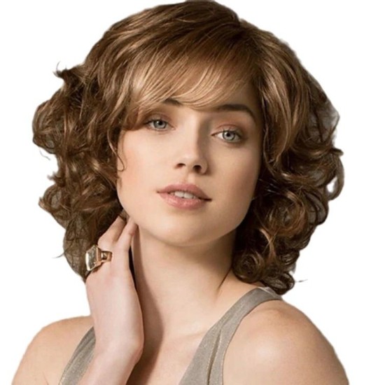 Women's Synthetic Wig with Side Bangs, Short Wavy Full Headpiece, Natural Style