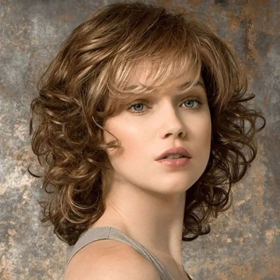 Women's Synthetic Wig with Side Bangs, Short Wavy Full Headpiece, Natural Style