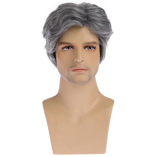 New Men's Gray Side-Part Short Wig for Mature Men, Fashionable, Voluminous, Natural Synthetic Hairpiece